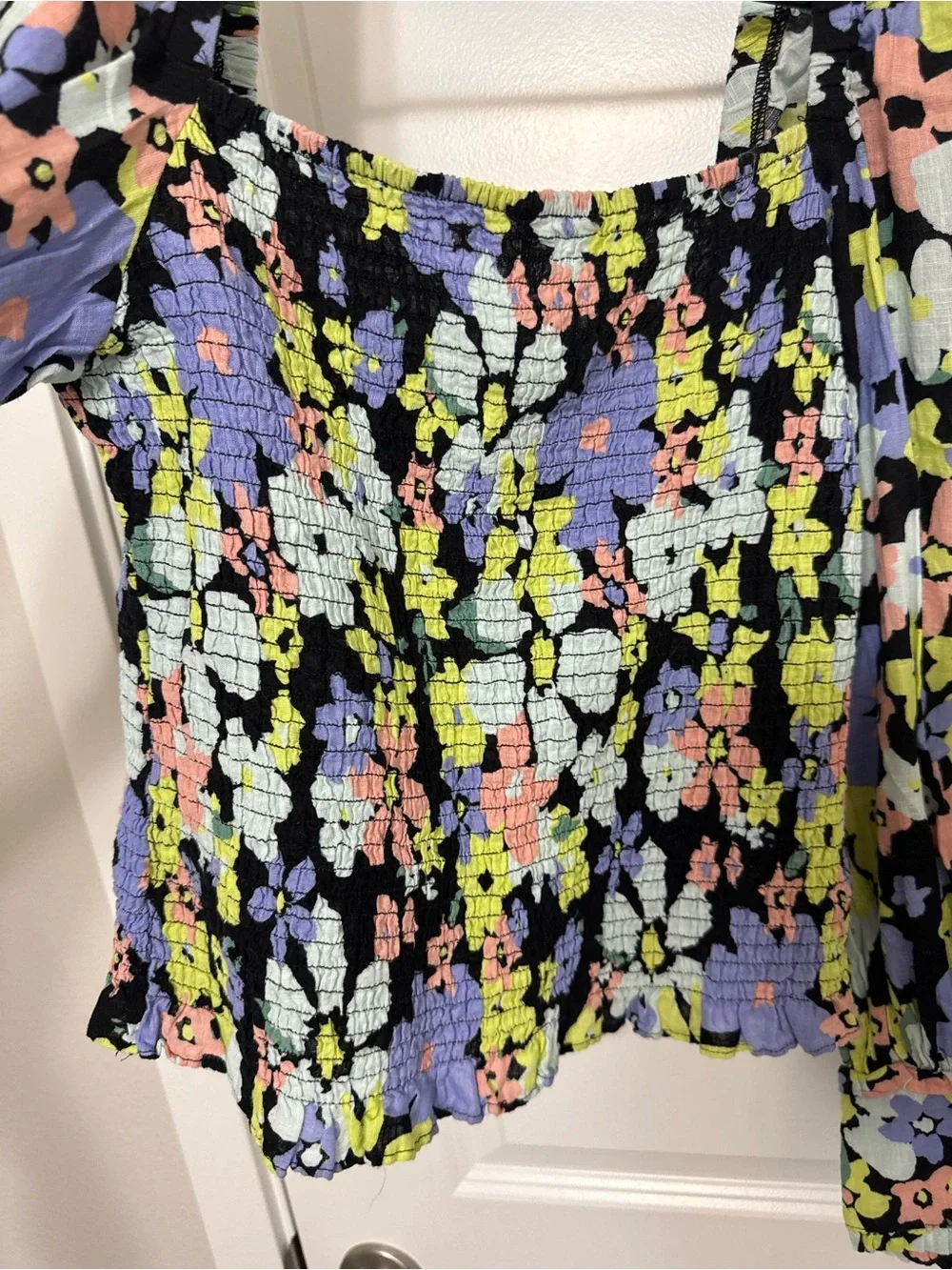 Free People Black Floral Smocked Long-Sleeve Top Size Medium